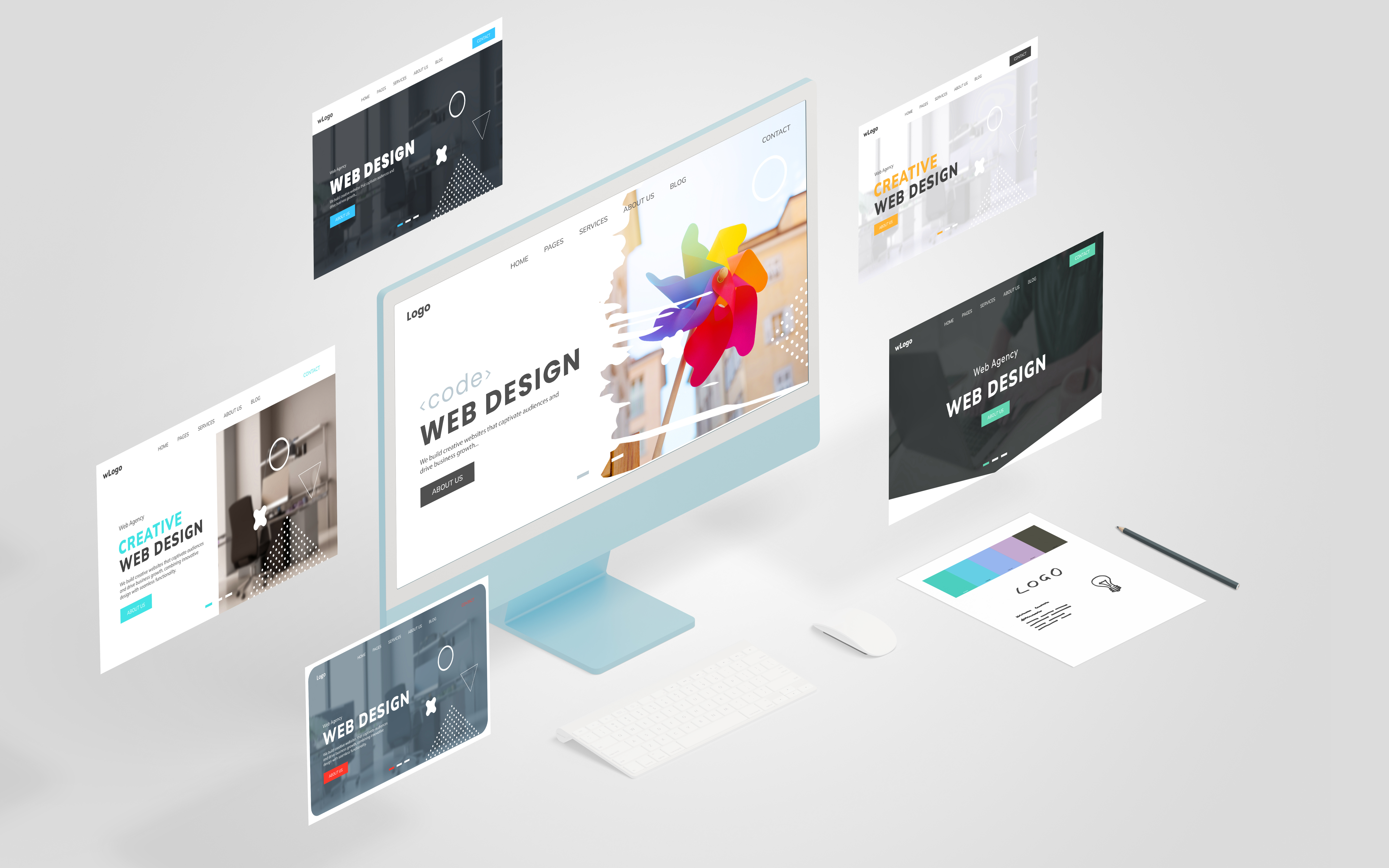 Display featuring a conceptual web design page with similar pages floating around, showcasing the power of a web design studio. Presented in an isometric view for dynamic visual appeal webseite - Websites